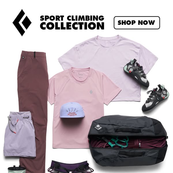 This Meta image ad showcases a variety of climbing-related products, including apparel, shoes, and gear, available from