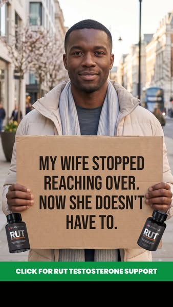 This image ad features a man holding a sign with a humorous message, promoting RUT testosterone support. The ad aims to 