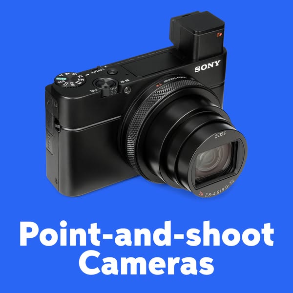An image featuring a point-and-shoot camera against a blue background, used to promote the product category.