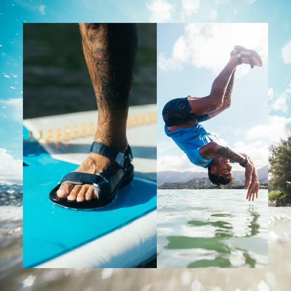 This ad features a man jumping into water in a pair of dark colored Teva sandals. The image conveys active outdoor lifes