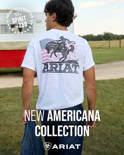 This image ad promotes the Americana Collection from Ariat. The focus is on the apparel, worn by a young man in an outdo