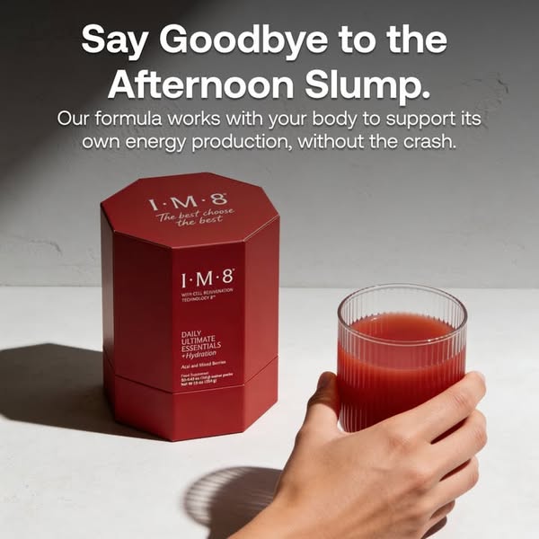 This image ad for I-M-8 promotes an energy and hydration drink mix designed to combat the afternoon slump. It highlights