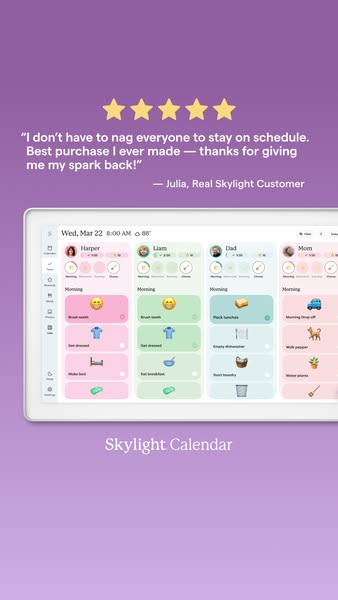 This ad features a customer testimonial about the Skylight Calendar and shows a screenshot of the calendar app running o