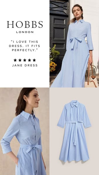 This image ad features a Hobbs London dress, using a customer testimonial, star rating, and various product shots to sho