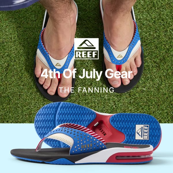 This image ad showcases Reef brand sandals, specifically 'The Fanning' model, in a patriotic red, white, and blu
