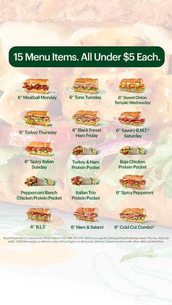 This image ad by Subway showcases 15 menu items that are all under $5 each. The ad includes images of each menu item alo