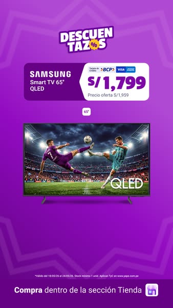 This ad promotes a Samsung Smart TV 65" QLED, highlighting a discount from S/1,959 to S/1,799. The ad features an i