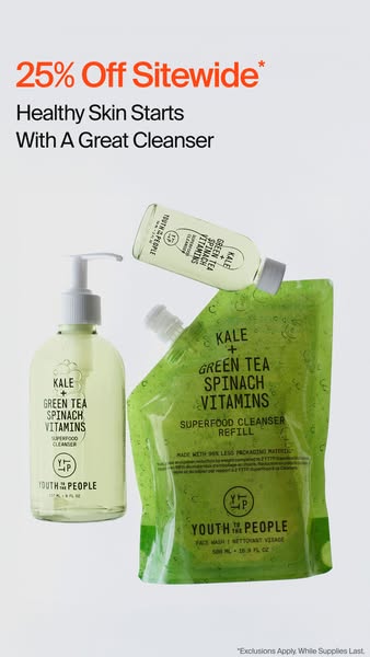 This ad promotes Youth to the People's Superfood Cleanser and refill, highlighting the brand's commitment to hea