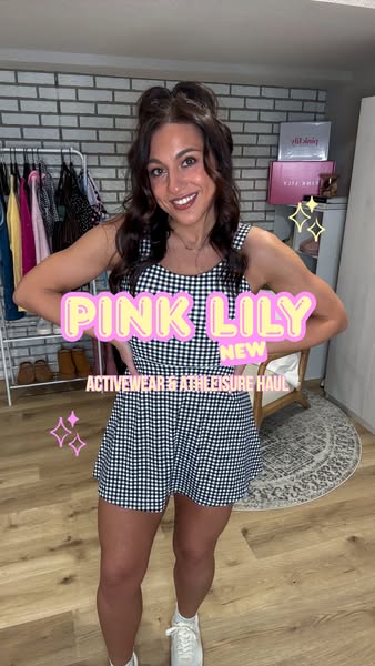 This ad features a woman showcasing a black and white gingham romper from Pink Lily as part of an activewear and athleis