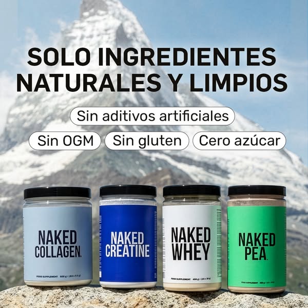The ad showcases Naked Nutrition's range of supplements, emphasizing their natural and clean ingredients. The produc