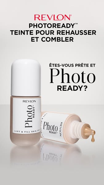 This image ad showcases Revlon's PhotoReady Lift & Fill Skin Tint. It includes two bottles, one standing upright