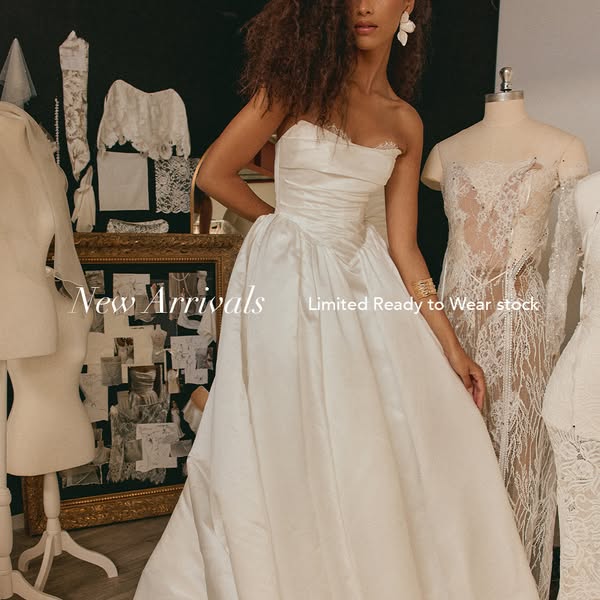 This image ad showcases a model wearing a white wedding dress, promoting new arrivals with limited stock.