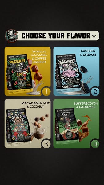The ad is designed to promote Bones Coffee Company by showcasing four different coffee flavors in a grid layout. Each fl