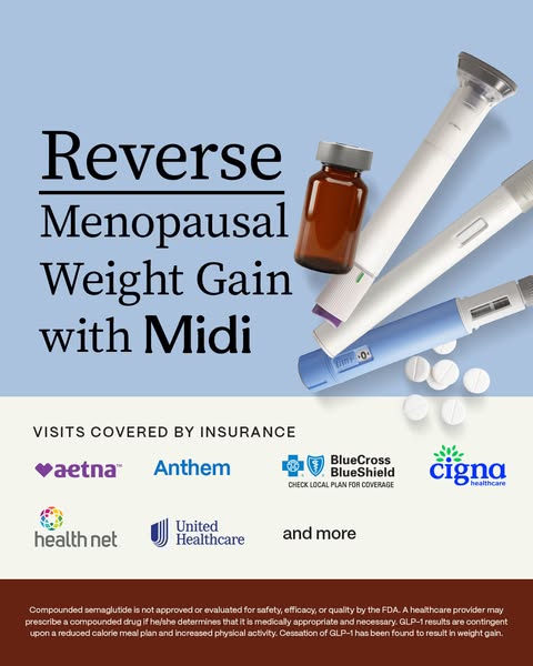 This image ad promotes Midi as a solution for menopausal weight gain, highlighting insurance coverage and referencing GL