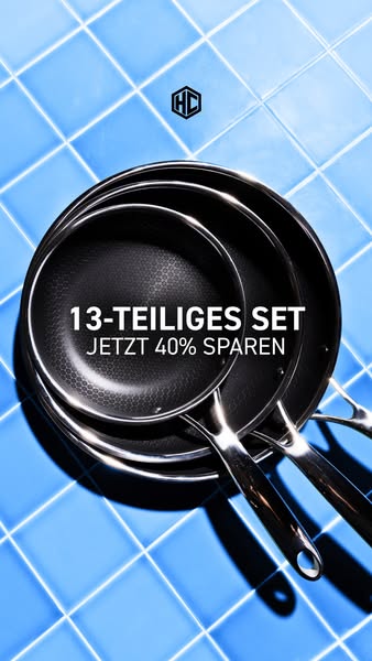This ad showcases a 13-piece cookware set with a 40% discount. The image features a stack of pans against a blue tile ba