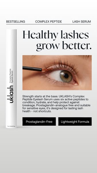 This image ad for UKLASH promotes their Complex Peptide Eyelash Serum. The ad features a close-up of an eye with long la