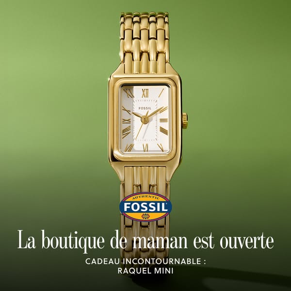This ad features a close-up shot of a gold Fossil Raquel Mini watch on a green background. The text promotes the concept