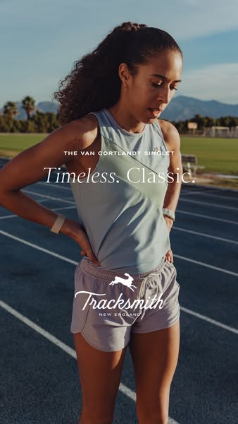 This image ad showcases Tracksmith athletic apparel, specifically 'The Van Cortlandt Singlet' and running shorts