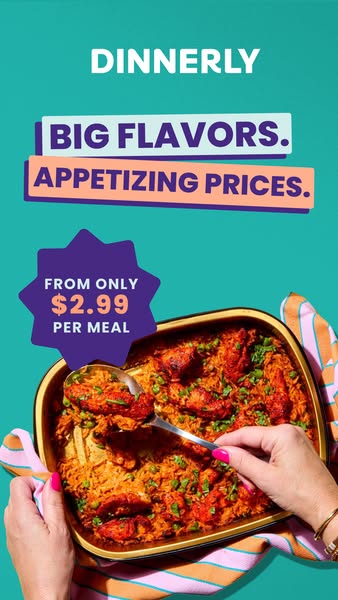 The image ad for Dinnerly features a close up of a tray of food being served, alongside headline and value messaging, to
