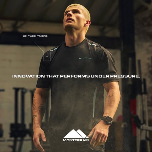 An ad showcasing the Monterrain sports tee. The ad copy focuses on the lightweight nature of the fabric and how the t-sh