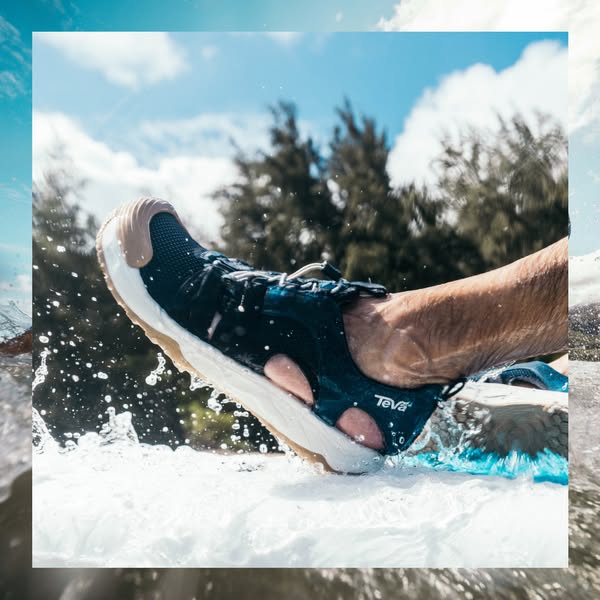 The ad features a close-up shot of a Teva sandal being worn in water. The visual presentation is designed to highlight t