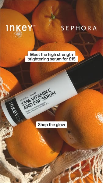 This image promotes The INKEY List 15% Vitamin C and EGF Serum and how it helps brighten skin, while also highlighting i