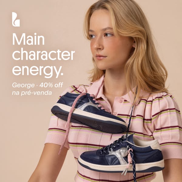 This ad features a young woman wearing a striped polo shirt with two blue shoes hanging around her neck like a necklace.