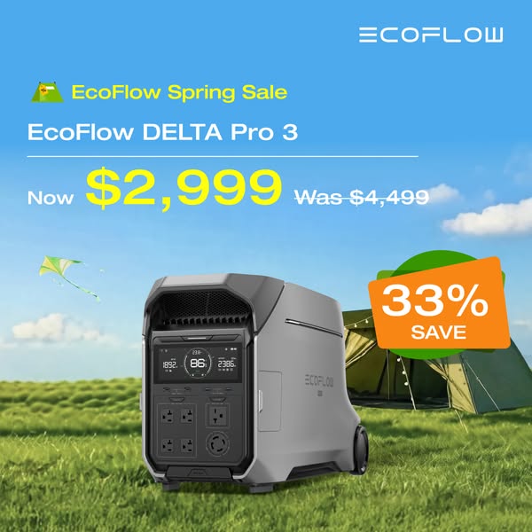 This ad features the EcoFlow DELTA Pro 3 portable power station in a grassy outdoor setting near a tent. The ad highligh