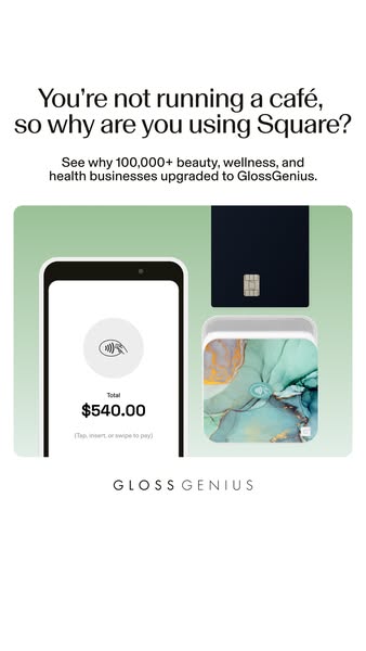 The ad starts with a question that frames GlossGenius as a better alternative to Square for beauty, health, and wellness