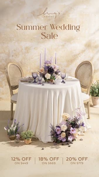 This image ad promotes Ling's Moment's summer wedding sale, featuring a table setting with floral arrangements, 
