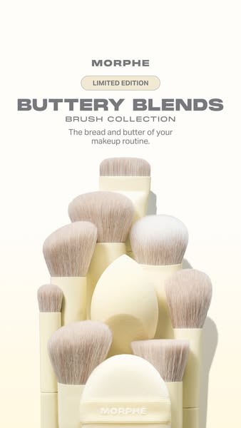 This ad showcases Morphe's 'Buttery Blends' brush collection, emphasizing its role as a staple in one's 