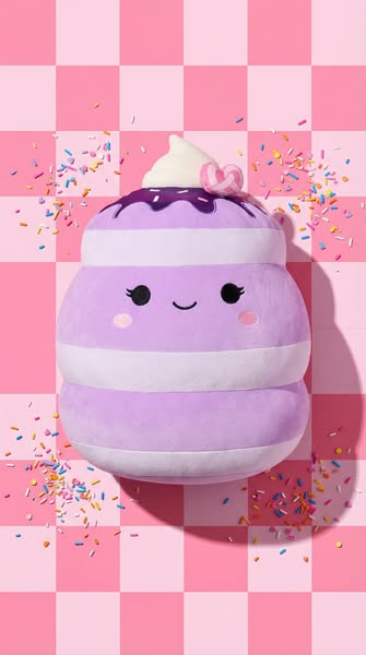 This ad features a plush pillow shaped like a macaroon that has a kawaii style face and is decorated with icing and spri