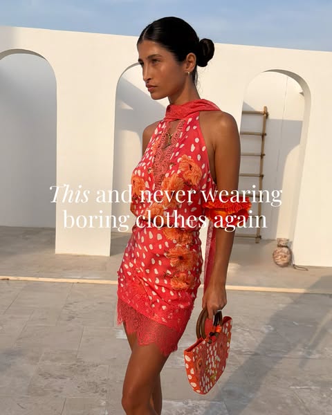 An image ad featuring a woman in a red and white halter dress and matching purse. The copy reads, 'This and never we