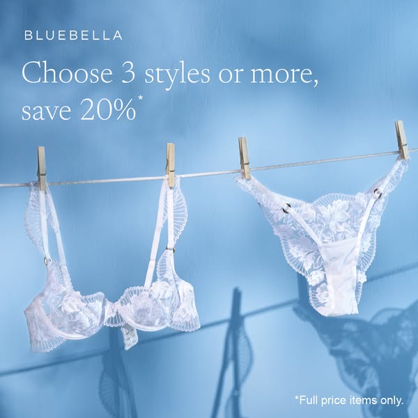An ad for Bluebella lingerie featuring a bra and panty set hanging on a clothesline and an offer for 20% off when you ch