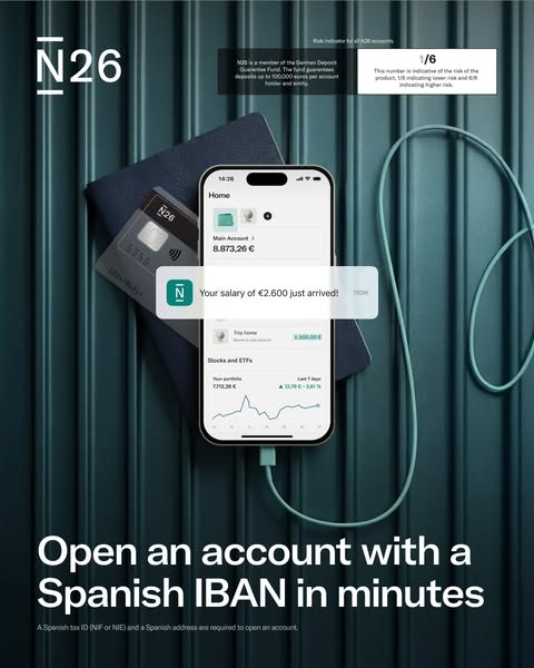 This ad promotes N26, highlighting the ease of opening a Spanish IBAN account. It emphasizes quick setup and functionali