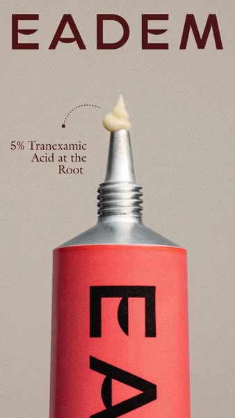 This is a close-up image of Eadem's tranexamic acid product. The image features the name of the brand and the produc
