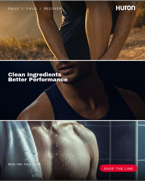 This Huron ad employs a triptych visual of a man's body, emphasizing the brand's alignment with physical activit