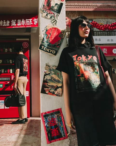 An ad showcasing a black t-shirt with a graphic of a Tokyo street scene, set against a backdrop of street art and vendin