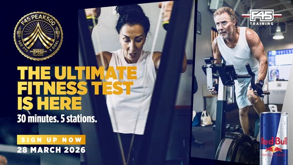 The ad promotes a fitness test on March 28, 2026. The ad shows two people working out on cardio equipment. Text indicate