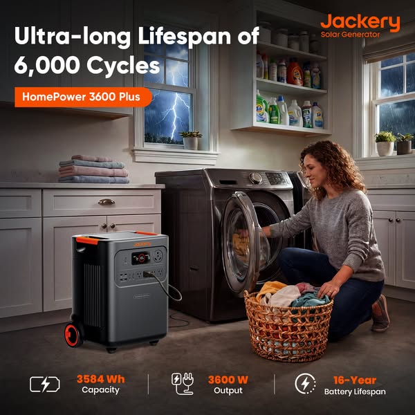 This ad showcases the Jackery Solar Generator HomePower 3600 Plus in a home laundry room setting, highlighting its ultra