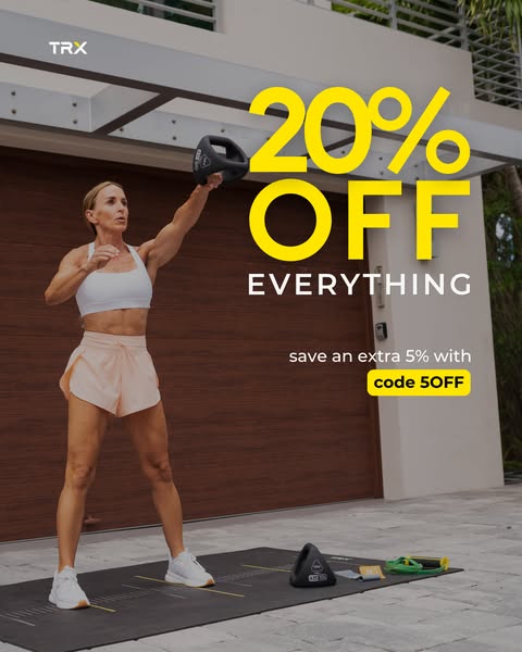 This image ad for TRX promotes a sale of 20% off everything, plus an extra 5% off with a provided discount code. The ima