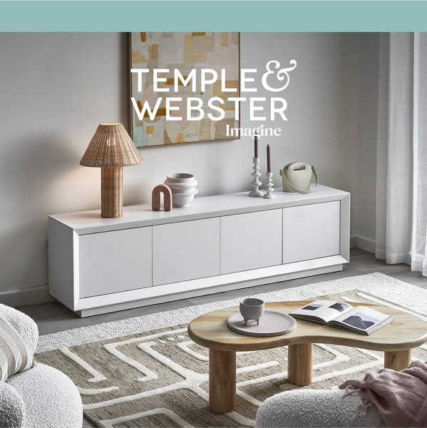 This ad showcases a living room setup with a white media console from Temple & Webster. The ad aims to inspire viewe