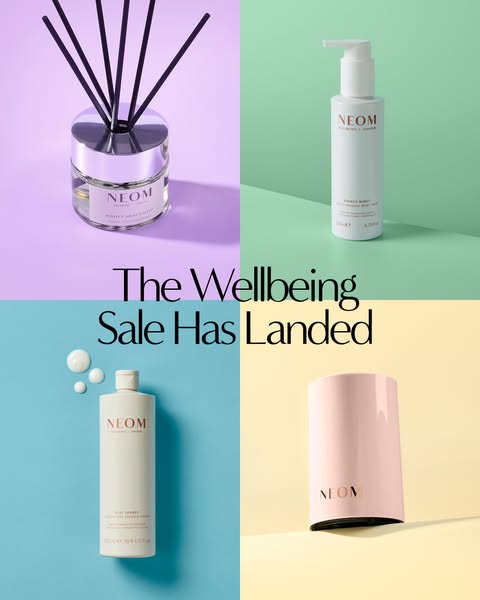 This ad for NEOM Organics London presents a brand promotion of a 'Wellbeing Sale' and features multiple product 