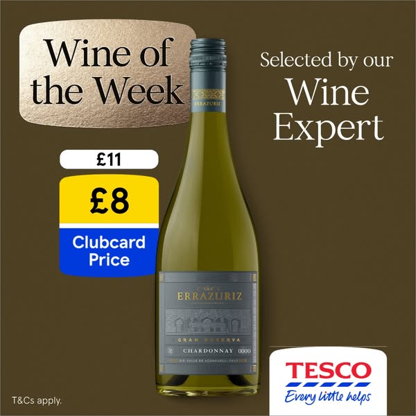 This image ad for Tesco promotes Errazuriz Chardonnay as the 'Wine of the Week'. It highlights a special 'Cl