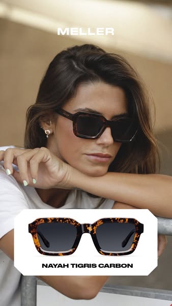 This ad features a woman wearing Meller brand sunglasses. The ad highlights the brand name and the specific style of sun