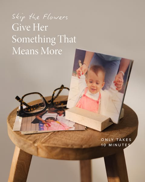 This ad features a picture of a block sitting on a stool with pictures and glasses. The text in the ad entices the user