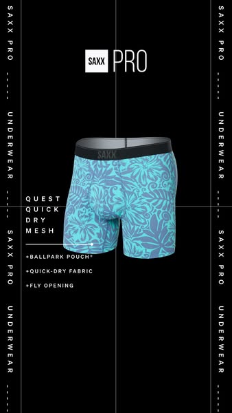 This ad showcases SAXX Pro Underwear, highlighting its key features such as the BallPark Pouch, quick-dry fabric, and fl