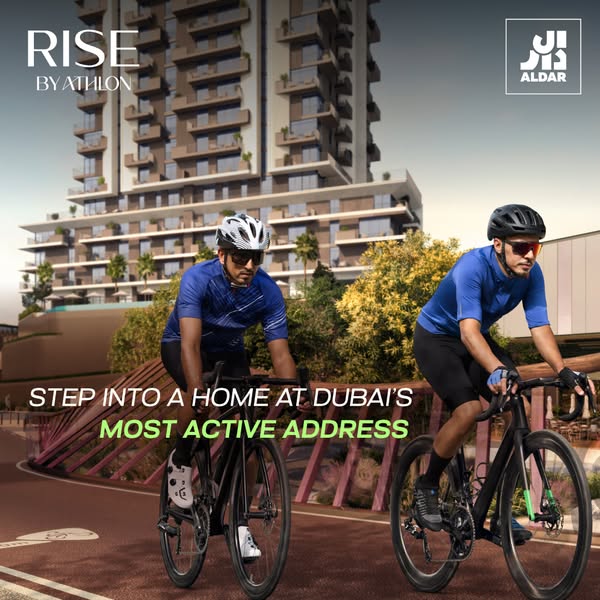 This lifestyle ad promotes Rise By Athlon homes in Dubai as the most active address by showing two athletic cyclists on 