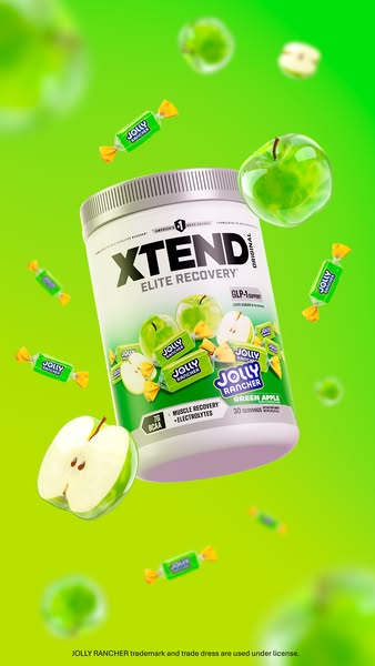 This Meta image ad features Xtend Elite Recovery BCAA powder in the Jolly Rancher Green Apple flavor. The ad emphasizes 