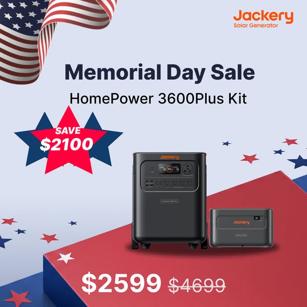 This ad is for Jackery solar generators and promotes a Memorial Day sale on the HomePower 3600Plus Kit.